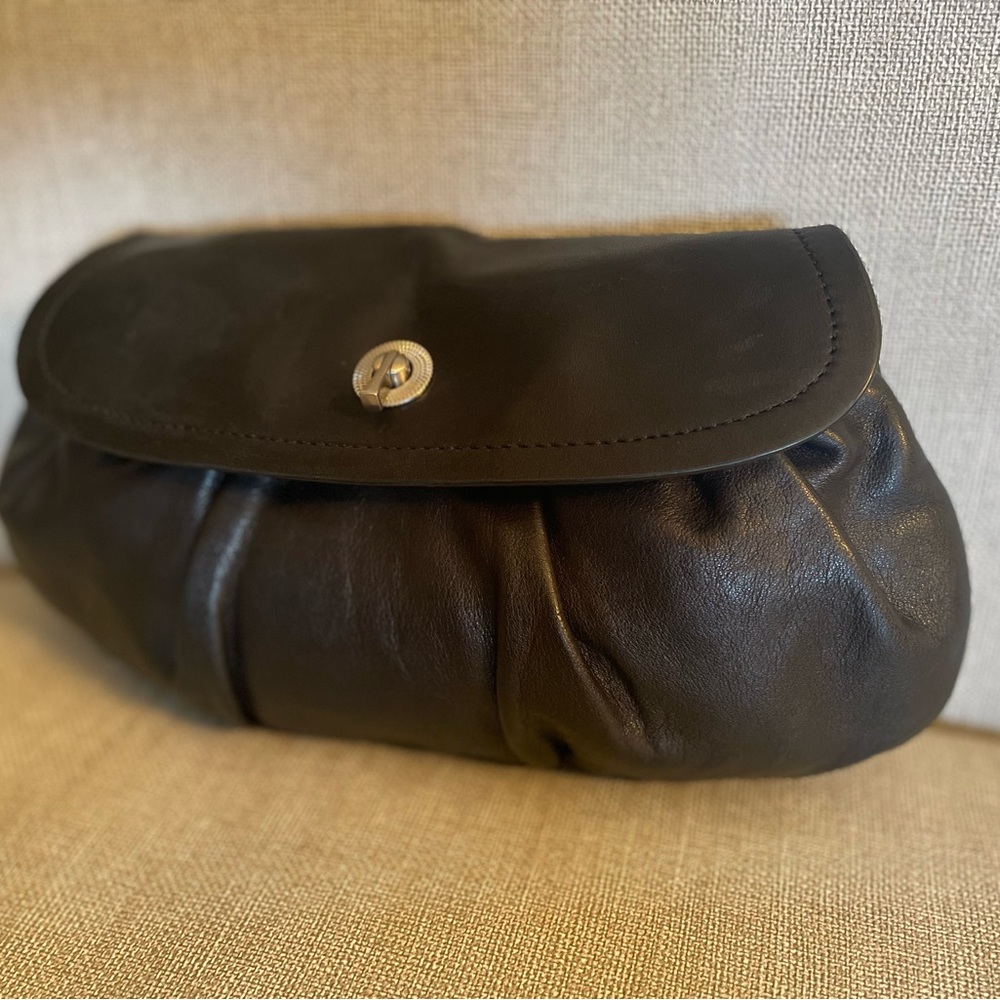 Ann Taylor Small Black Leather Clutch Silver Hardware